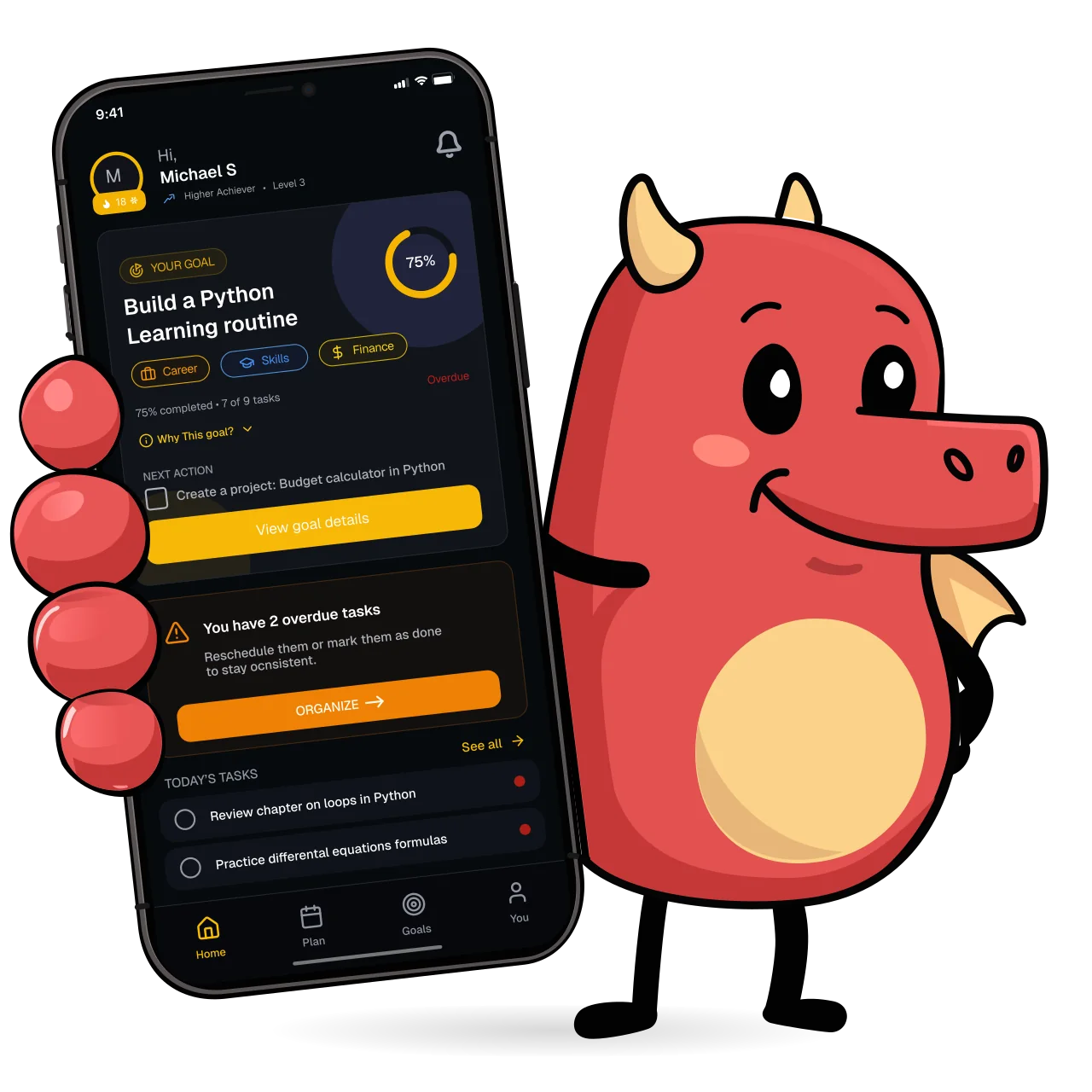 Questling, a small red dragon, holding a phone that shows today's quest in the app